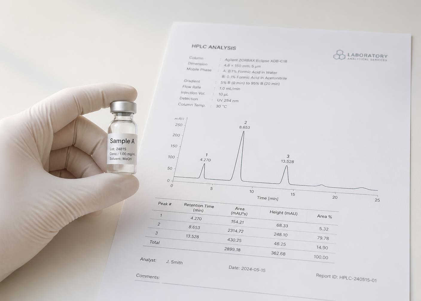 Gloved hand holding a research vial beside an HPLC analysis report